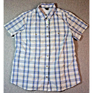 Eddie Baur Women's Plaid Fishing shirt short sleeve Sz L Blue gray 42"
